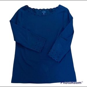 Talbot’s navy blue knit top with eyelet detail on neckline and sleeves